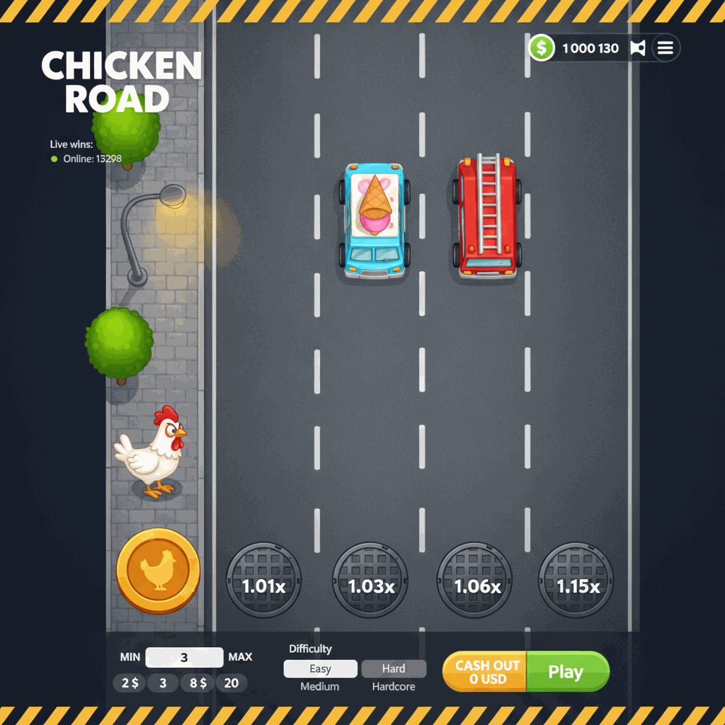 Chicken Road crash game by InOut showing a cartoon chicken character standing at the edge of a multi-lane road with white dashed lane dividers, manhole covers displaying multiplier values on each lane, and a dark urban background with street lamps and trees